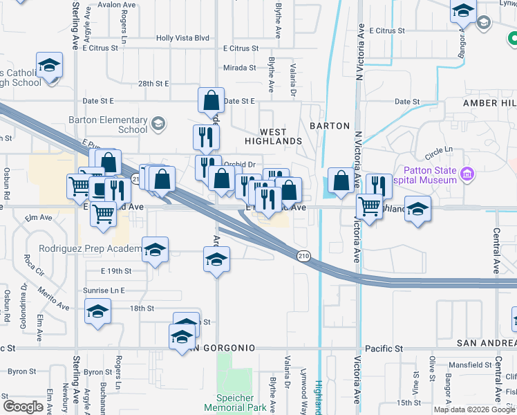 map of restaurants, bars, coffee shops, grocery stores, and more near 2575 East Highland Avenue in Highland