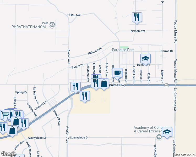map of restaurants, bars, coffee shops, grocery stores, and more near 6458 Fortuna Avenue in Yucca Valley