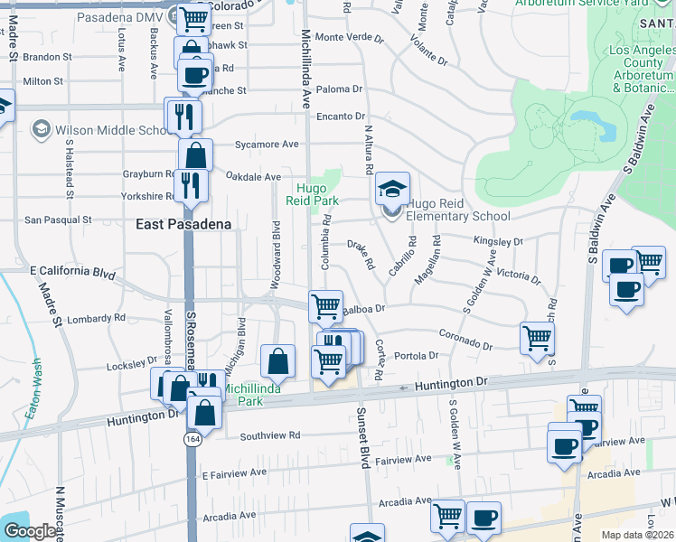 map of restaurants, bars, coffee shops, grocery stores, and more near 414 Columbia Road in Arcadia