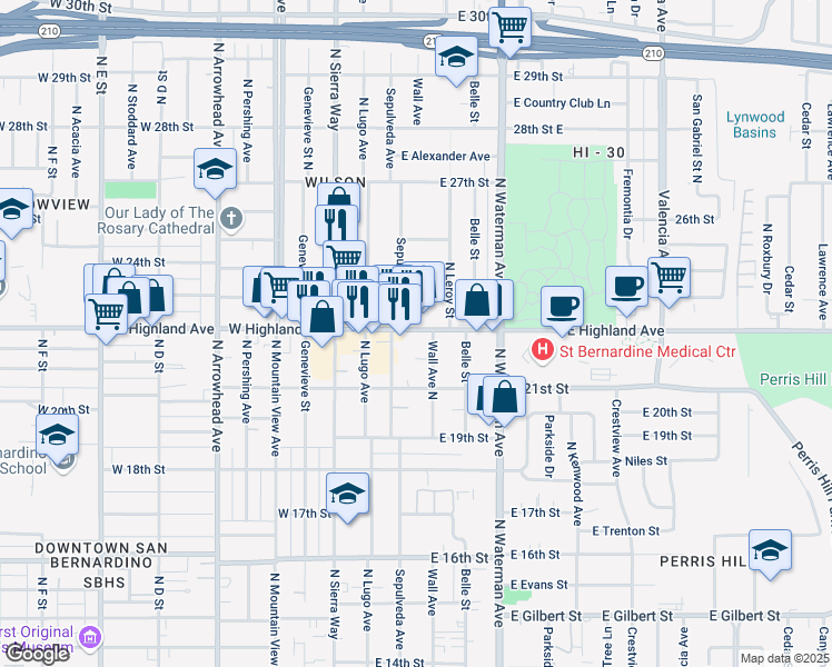 map of restaurants, bars, coffee shops, grocery stores, and more near 215 East Highland Avenue in San Bernardino