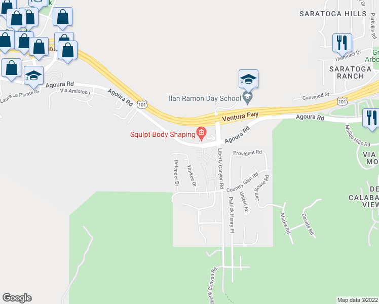 map of restaurants, bars, coffee shops, grocery stores, and more near 4059 Yankee Drive in Agoura Hills
