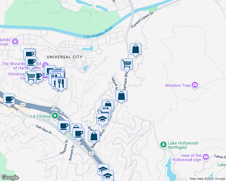map of restaurants, bars, coffee shops, grocery stores, and more near 3229 Hillock Drive in Los Angeles