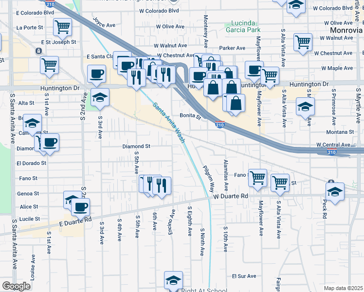 map of restaurants, bars, coffee shops, grocery stores, and more near 1428 Encino Avenue in Monrovia