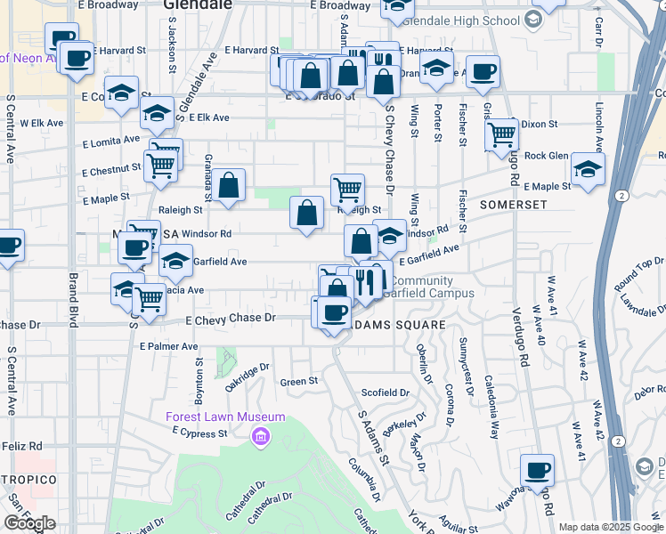 map of restaurants, bars, coffee shops, grocery stores, and more near 1016 East Garfield Avenue in Glendale