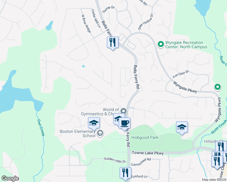 map of restaurants, bars, coffee shops, grocery stores, and more near 262 North Briar Ridge in Woodstock
