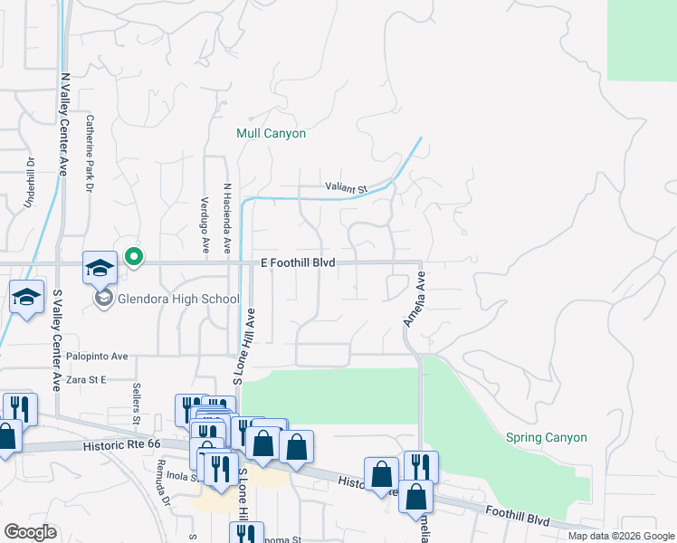 map of restaurants, bars, coffee shops, grocery stores, and more near 105 Country Club Court in Glendora