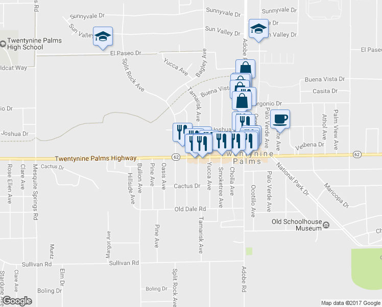 map of restaurants, bars, coffee shops, grocery stores, and more near 73484 Twentynine Palms Highway in Twentynine Palms