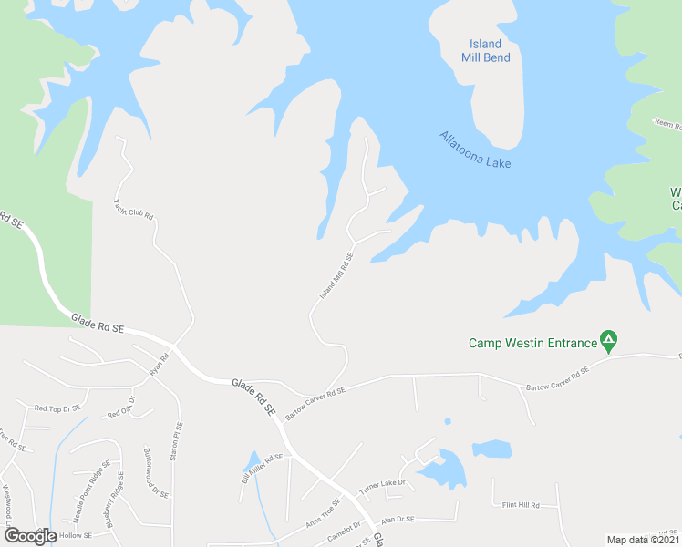 map of restaurants, bars, coffee shops, grocery stores, and more near 7290 Island Mill Road Southeast in Acworth
