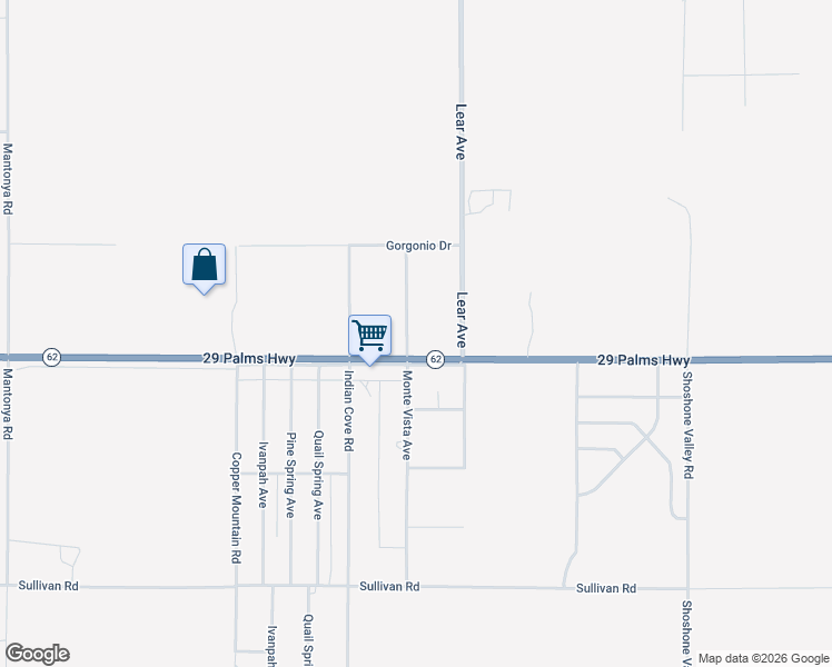 map of restaurants, bars, coffee shops, grocery stores, and more near 6443 Monte Vista Avenue in Twentynine Palms
