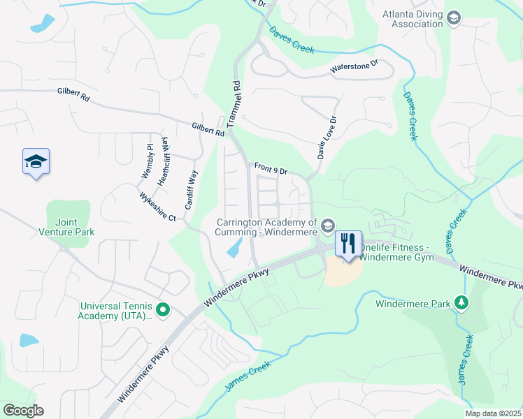 map of restaurants, bars, coffee shops, grocery stores, and more near 6245 Milton Drive in Cumming