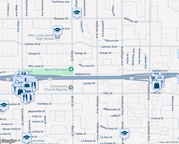 map of restaurants, bars, coffee shops, grocery stores, and more near 9240 Highland Avenue in Rancho Cucamonga