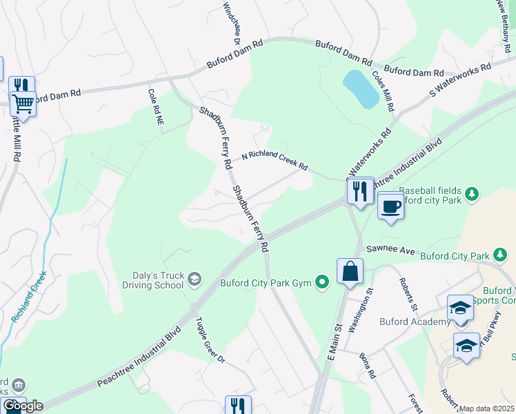 map of restaurants, bars, coffee shops, grocery stores, and more near 2427 Wolf Meadow Lane in Buford