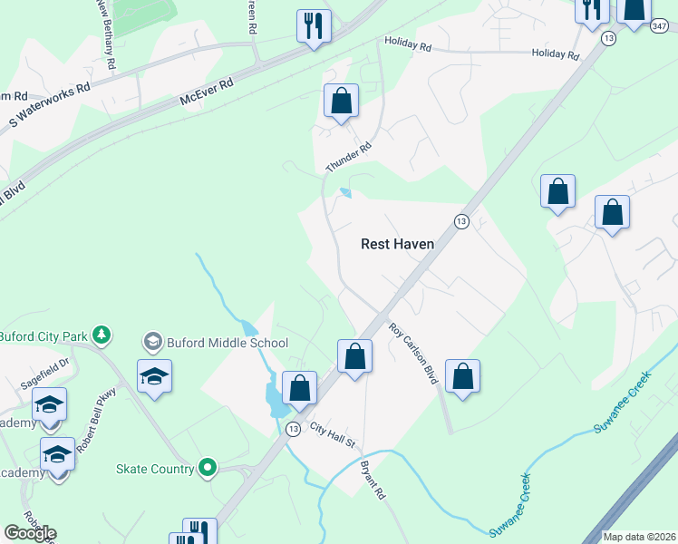 map of restaurants, bars, coffee shops, grocery stores, and more near 410 Thunder Road in Buford