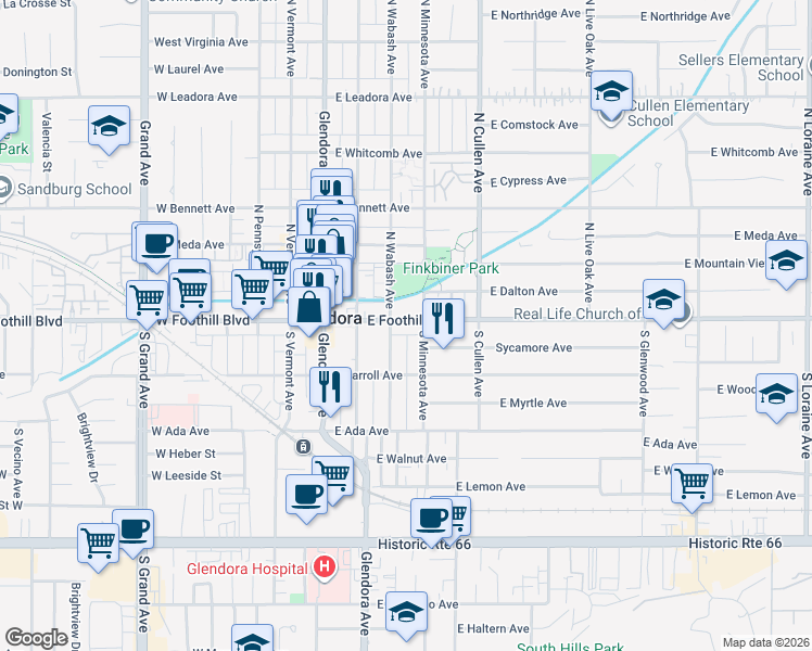 map of restaurants, bars, coffee shops, grocery stores, and more near 116 South Wabash Avenue in Glendora