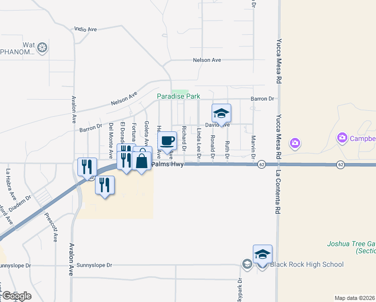 map of restaurants, bars, coffee shops, grocery stores, and more near 6453 Richard Drive in Yucca Valley
