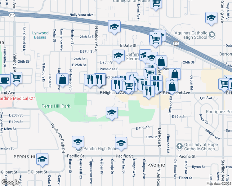 map of restaurants, bars, coffee shops, grocery stores, and more near 1359 East Highland Avenue in San Bernardino