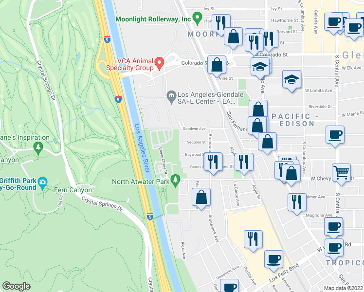 map of restaurants, bars, coffee shops, grocery stores, and more near 3949 Baywood Street in Los Angeles