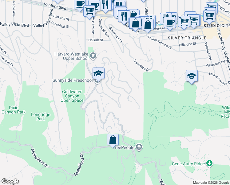 map of restaurants, bars, coffee shops, grocery stores, and more near 3883 Alta Mesa Drive in Los Angeles