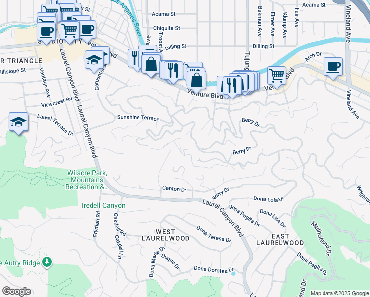 map of restaurants, bars, coffee shops, grocery stores, and more near 11531 Amanda Drive in Los Angeles