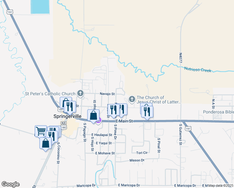 map of restaurants, bars, coffee shops, grocery stores, and more near 650 Navajo Street in Springerville