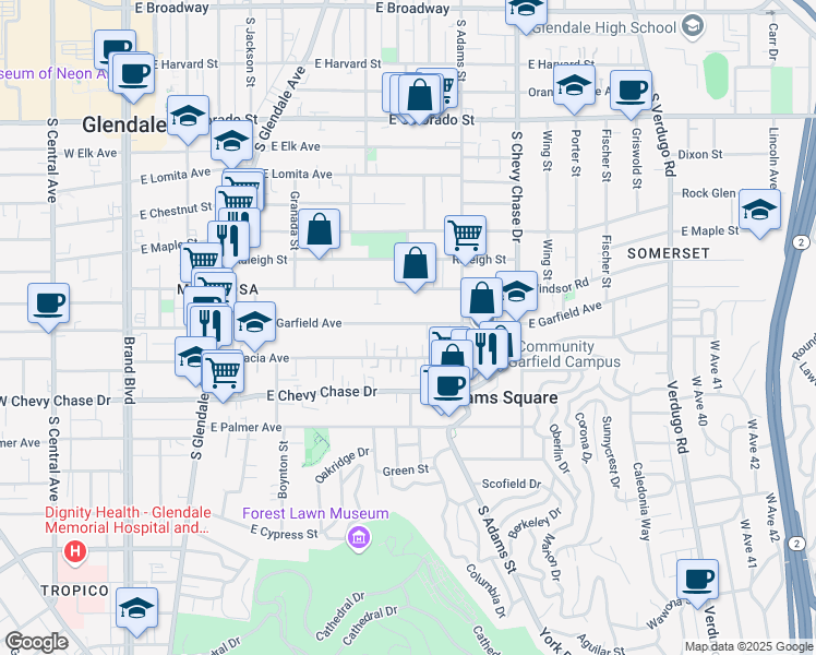 map of restaurants, bars, coffee shops, grocery stores, and more near 900 East Garfield Avenue in Glendale