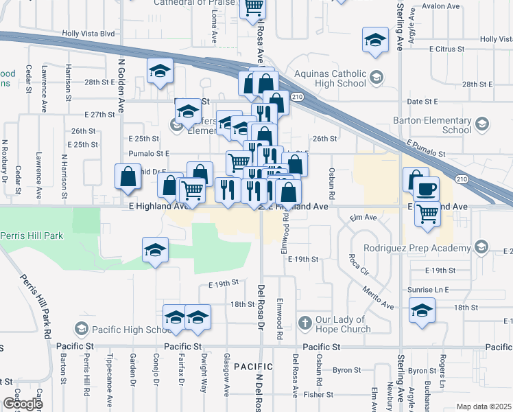 map of restaurants, bars, coffee shops, grocery stores, and more near 1565 E Highland Ave in San Bernardino