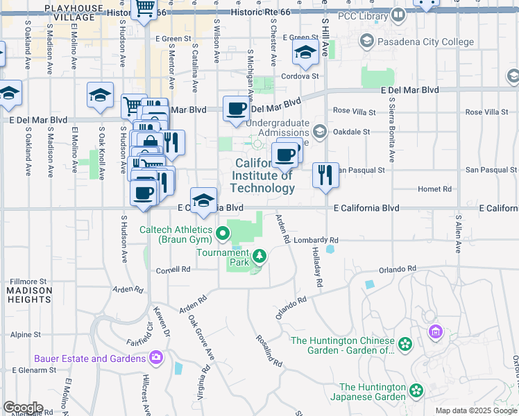 map of restaurants, bars, coffee shops, grocery stores, and more near 1216 East California Boulevard in Pasadena