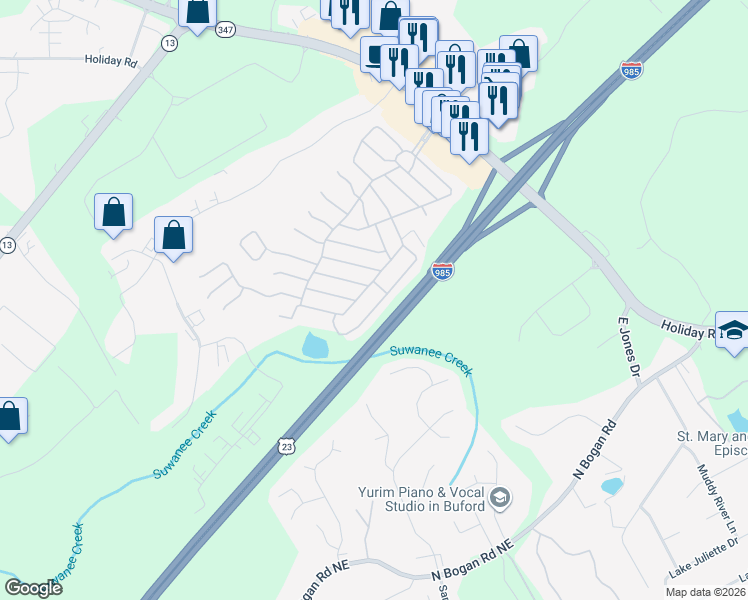 map of restaurants, bars, coffee shops, grocery stores, and more near 7024 Evergreen Way in Buford