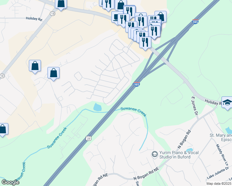 map of restaurants, bars, coffee shops, grocery stores, and more near 7024 Evergreen Way in Buford