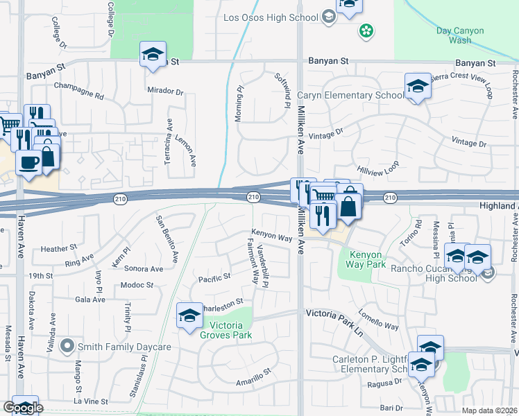 map of restaurants, bars, coffee shops, grocery stores, and more near 6548 Belhaven Court in Rancho Cucamonga