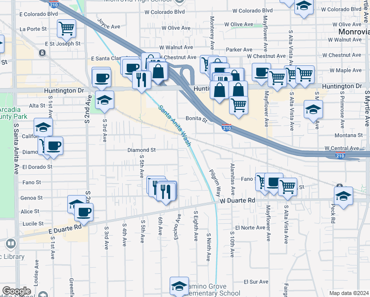 map of restaurants, bars, coffee shops, grocery stores, and more near 1508 Encino Avenue in Monrovia