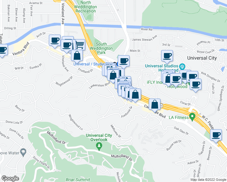 map of restaurants, bars, coffee shops, grocery stores, and more near 3921 Kentucky Drive in Los Angeles