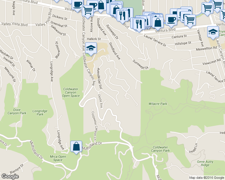 map of restaurants, bars, coffee shops, grocery stores, and more near 3883 Alta Mesa Drive in Los Angeles