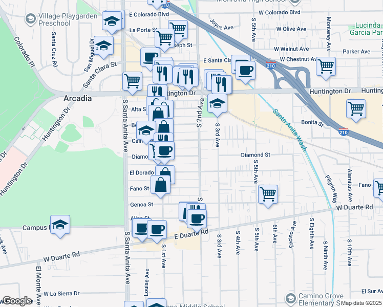 map of restaurants, bars, coffee shops, grocery stores, and more near 153 Diamond Street in Arcadia