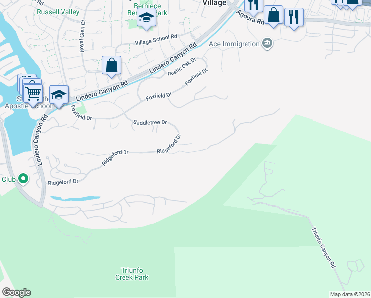 map of restaurants, bars, coffee shops, grocery stores, and more near 31441 Glenbridge Road in Westlake Village