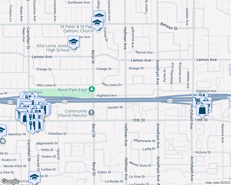 map of restaurants, bars, coffee shops, grocery stores, and more near 9240 Highland Avenue in Rancho Cucamonga