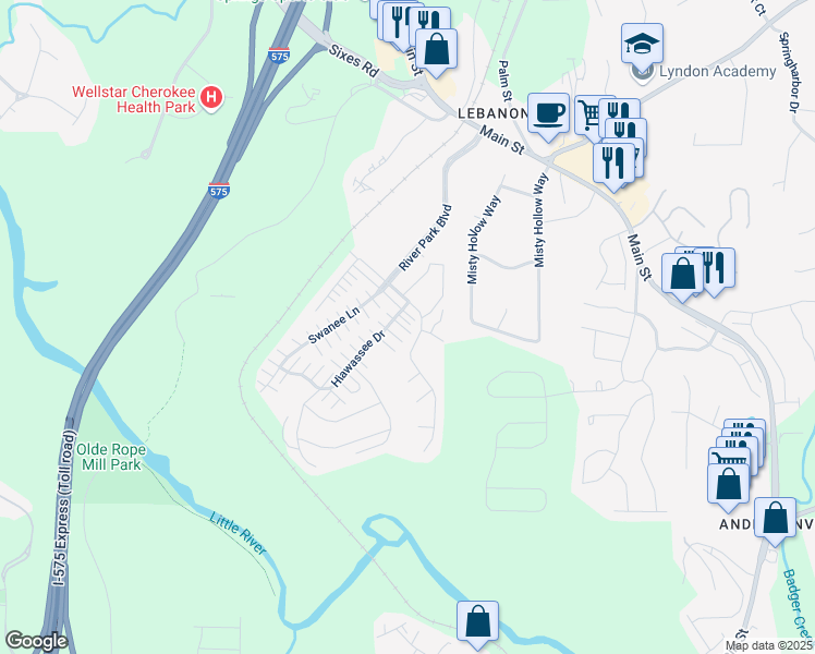 map of restaurants, bars, coffee shops, grocery stores, and more near 221 Hiawassee Drive in Woodstock