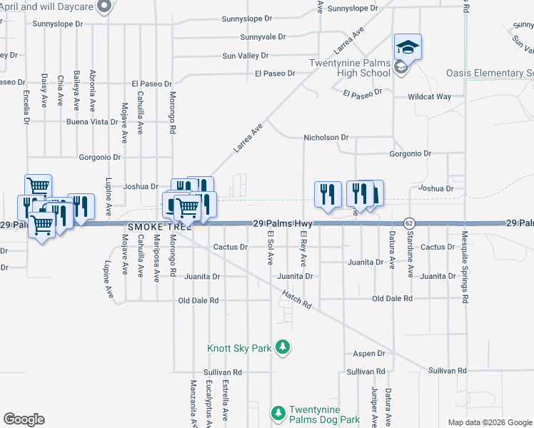 map of restaurants, bars, coffee shops, grocery stores, and more near 72338 29 Palms Highway in Twentynine Palms
