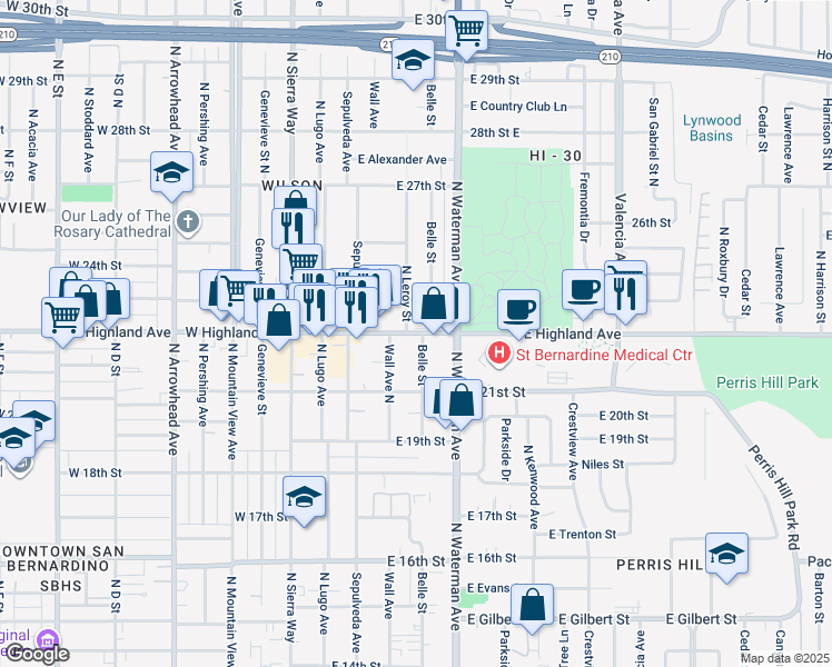 map of restaurants, bars, coffee shops, grocery stores, and more near 263 East Highland Avenue in San Bernardino