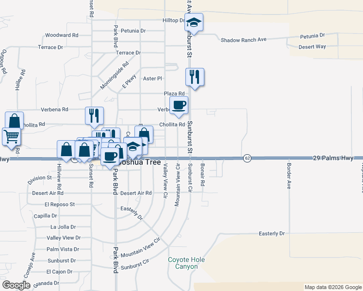map of restaurants, bars, coffee shops, grocery stores, and more near 6451 Mountain View Street in Joshua Tree