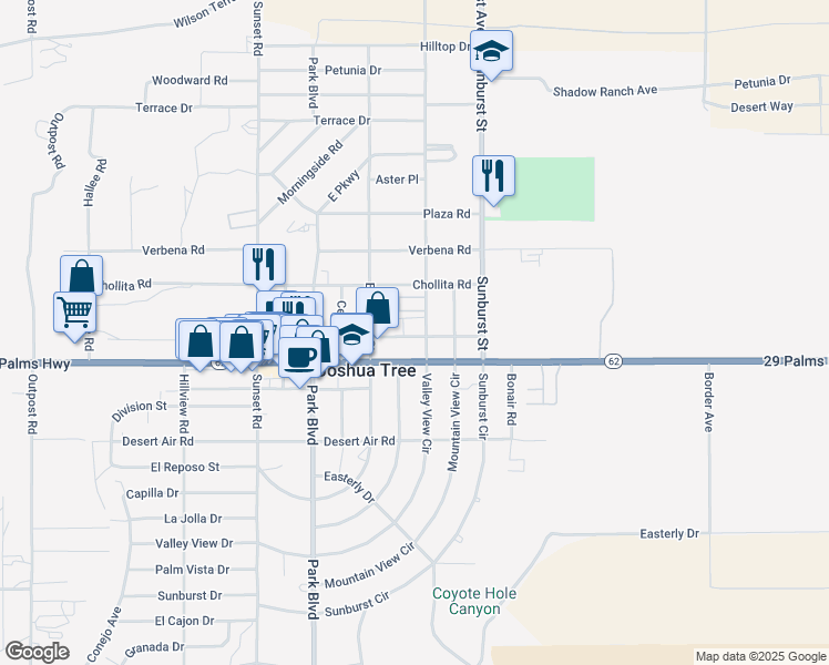 map of restaurants, bars, coffee shops, grocery stores, and more near 61984 Commercial Street in Joshua Tree
