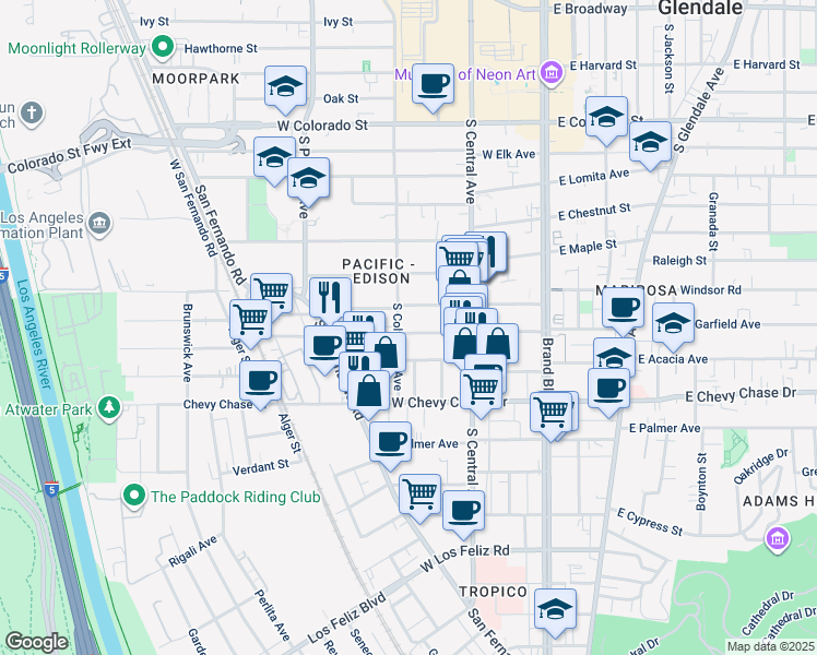 map of restaurants, bars, coffee shops, grocery stores, and more near 355 West Garfield Avenue in Glendale