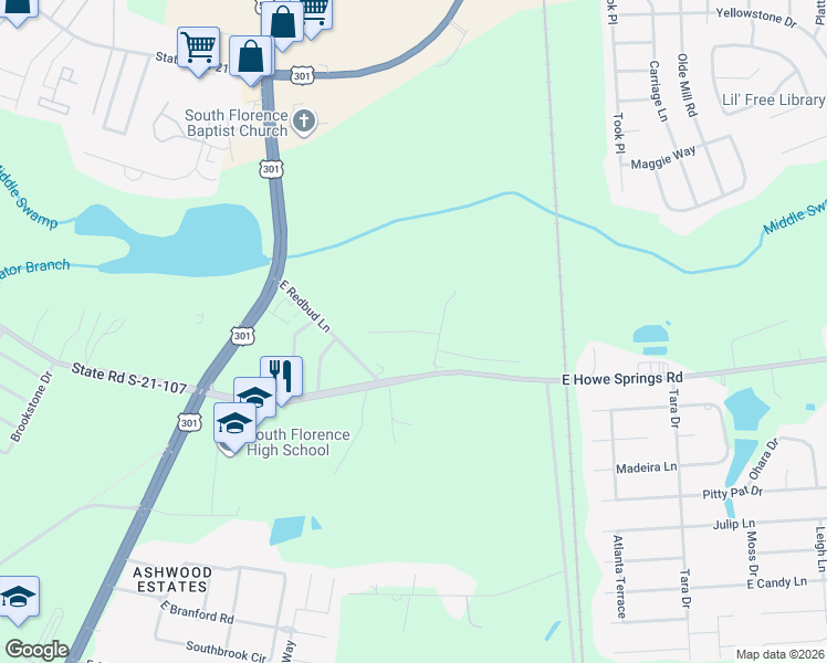 map of restaurants, bars, coffee shops, grocery stores, and more near 313 East Howe Springs Road in Florence
