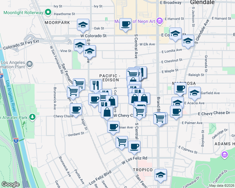 map of restaurants, bars, coffee shops, grocery stores, and more near 359 West Garfield Avenue in Glendale