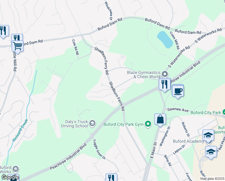 map of restaurants, bars, coffee shops, grocery stores, and more near 5420 Shadburn Ferry Road in Buford