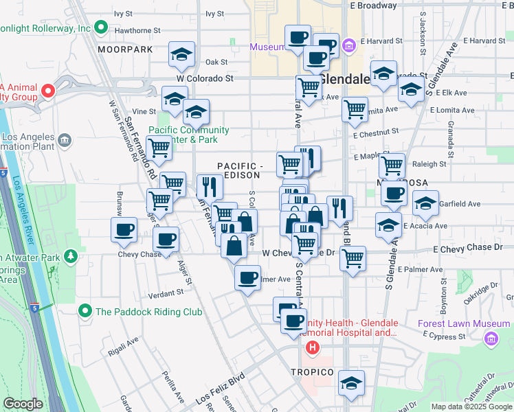 map of restaurants, bars, coffee shops, grocery stores, and more near 359 West Garfield Avenue in Glendale