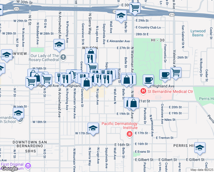 map of restaurants, bars, coffee shops, grocery stores, and more near East Highland Avenue & North Sepulveda Avenue in San Bernardino