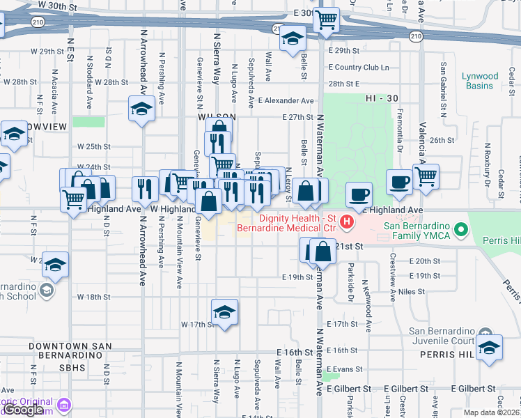 map of restaurants, bars, coffee shops, grocery stores, and more near 215 East Highland Avenue in San Bernardino