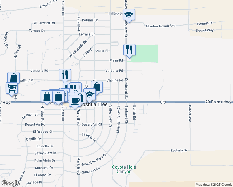 map of restaurants, bars, coffee shops, grocery stores, and more near 6450 Mountain View Street in Joshua Tree