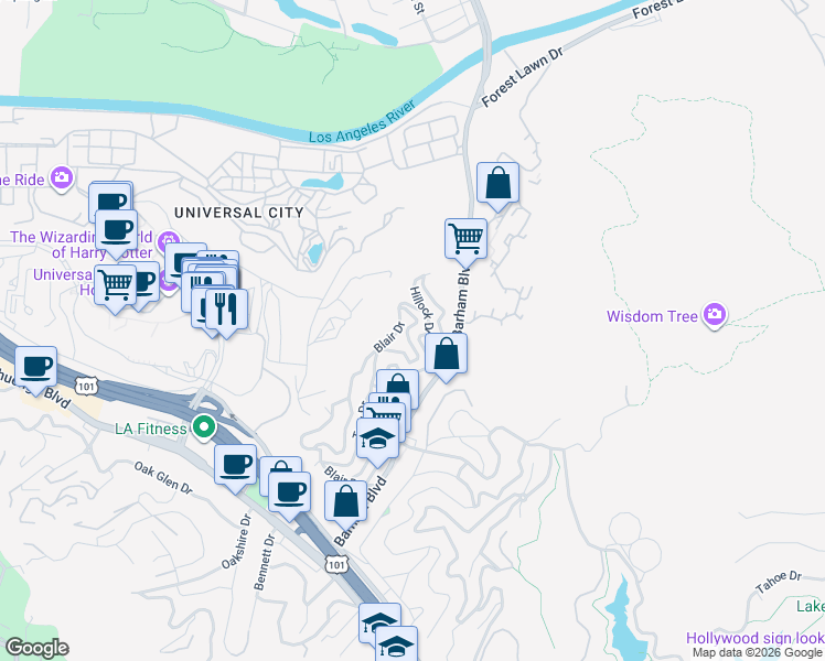 map of restaurants, bars, coffee shops, grocery stores, and more near 3437 Troy Drive in Los Angeles